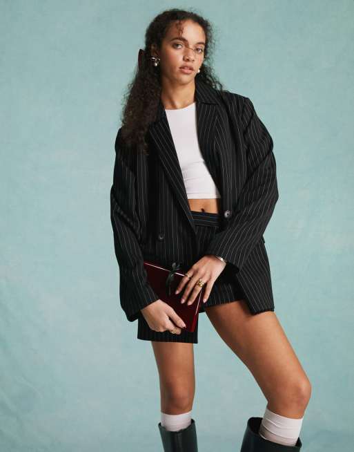 Miss Selfridge oversized slouchy blazer in black pinstripe - part of a set, 2 of 4