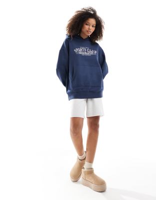 oversized sports club graphic print hoodie in navy