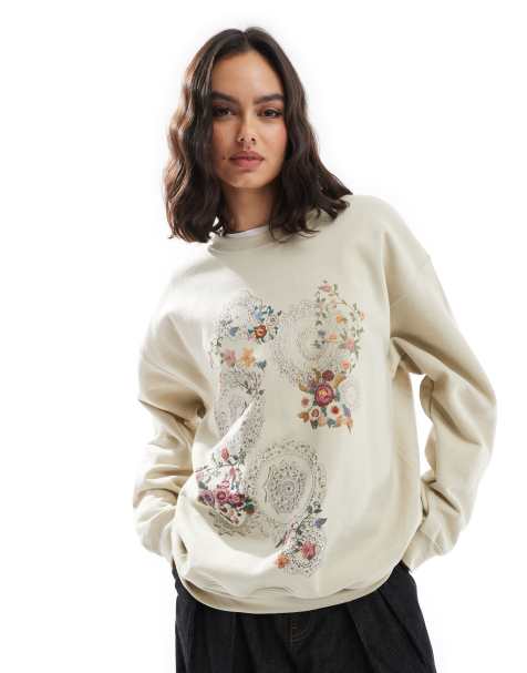 Miss Selfridge - Oversized sweatshirt met bloemenprint in zandkleur - view 1