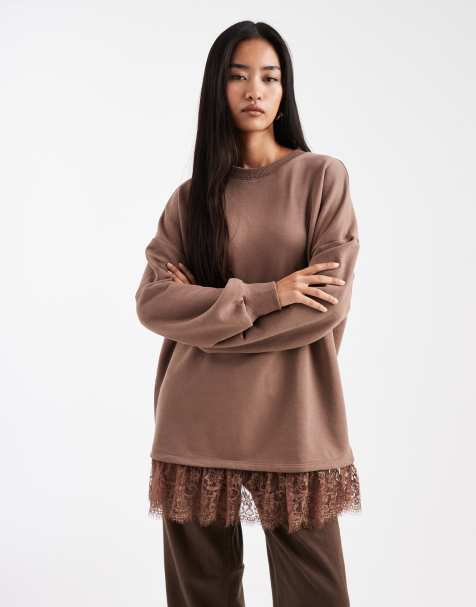 Miss Selfridge oversized sweatshirt with lace hem in brown - view 1