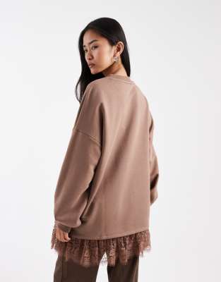 Miss Selfridge Oversized Sweatshirt With Lace Hem-brown In Multi