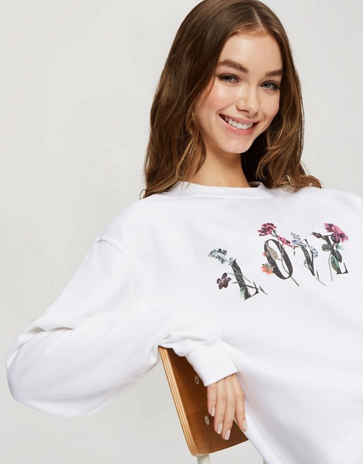 Miss Selfridge oversized sweatshirt with love print in white