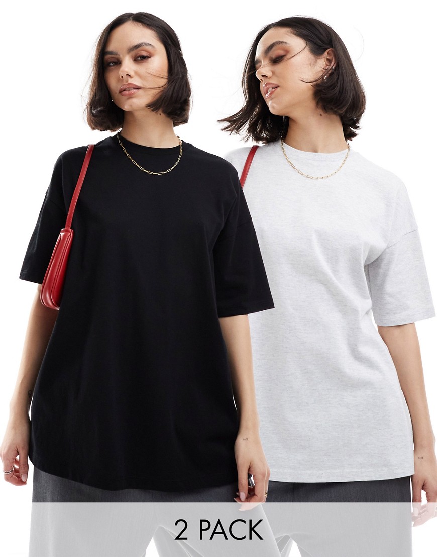 Miss Selfridge Oversized T-shirt 2 Pack In Black And Gray Heather-multi