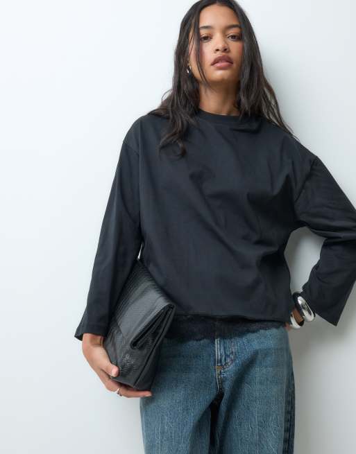 Miss Selfridge oversized T-shirt med lange ærmer og blondkant, 5 af 5