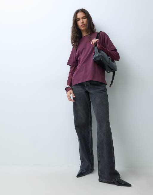 Miss Selfridge oversized t-shirt med spetsärm i fig, 4 av 5