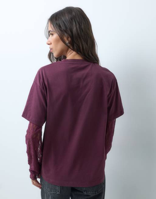 Miss Selfridge oversized t-shirt med spetsärm i fig, 5 av 5