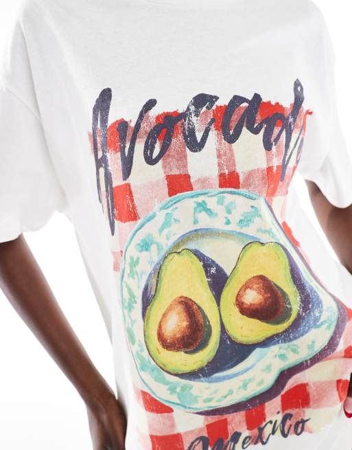 Miss Selfridge - Oversized T-shirt met grafische avocado-print met gingham ruit in wit, 2 van 4