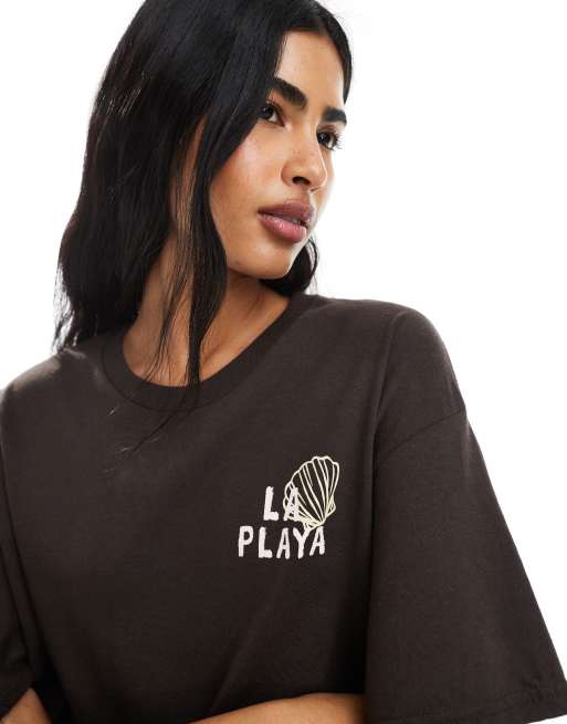 Miss Selfridge - Oversized T-shirt met grafische schelpenprint in chocoladebruin, 3 van 4