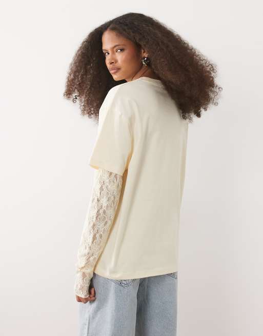 Miss Selfridge - Oversized T-shirt met kanten mouwen in botergeel, 2 van 4