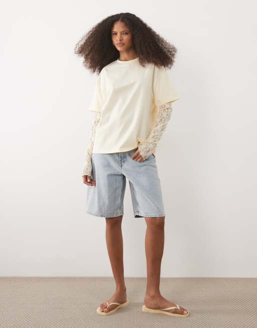 Miss Selfridge - Oversized T-shirt met kanten mouwen in botergeel, 3 van 4