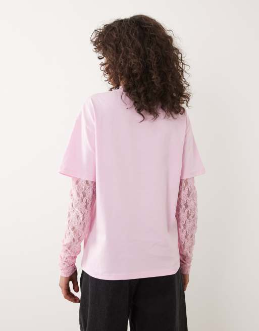 Miss Selfridge - Oversized T-shirt met kanten mouwen in roze, 3 van 4
