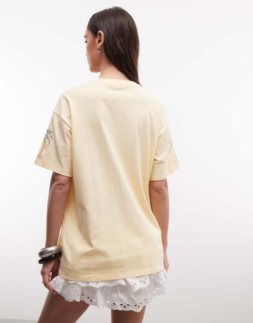 Miss Selfridge - Oversized T-shirt met versierde palmboom in lichtgeel, 4 van 4
