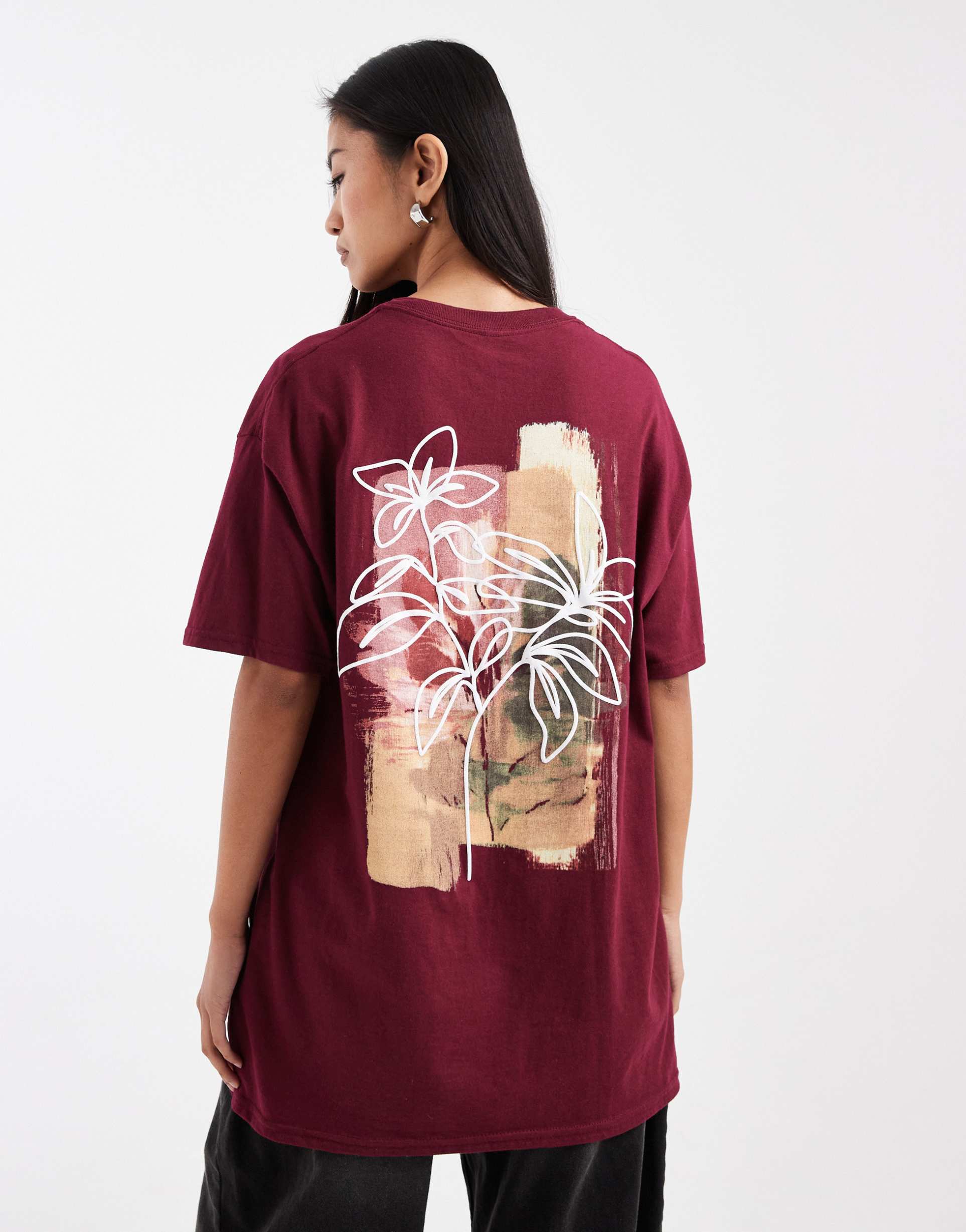 miss selfridge oversized t-shirt with abstract floral in burgundy