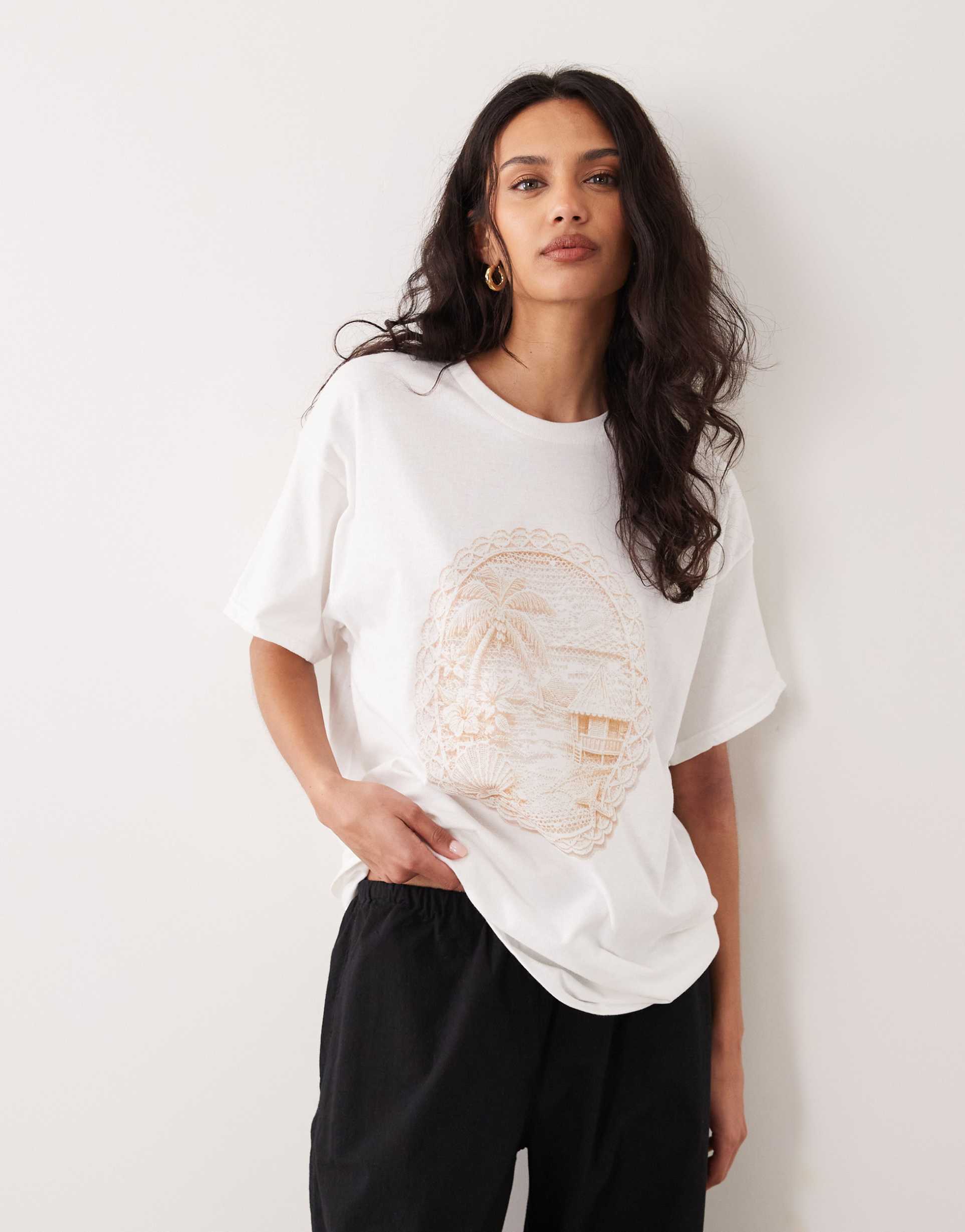 miss selfridge oversized t-shirt with crochet beach print in white