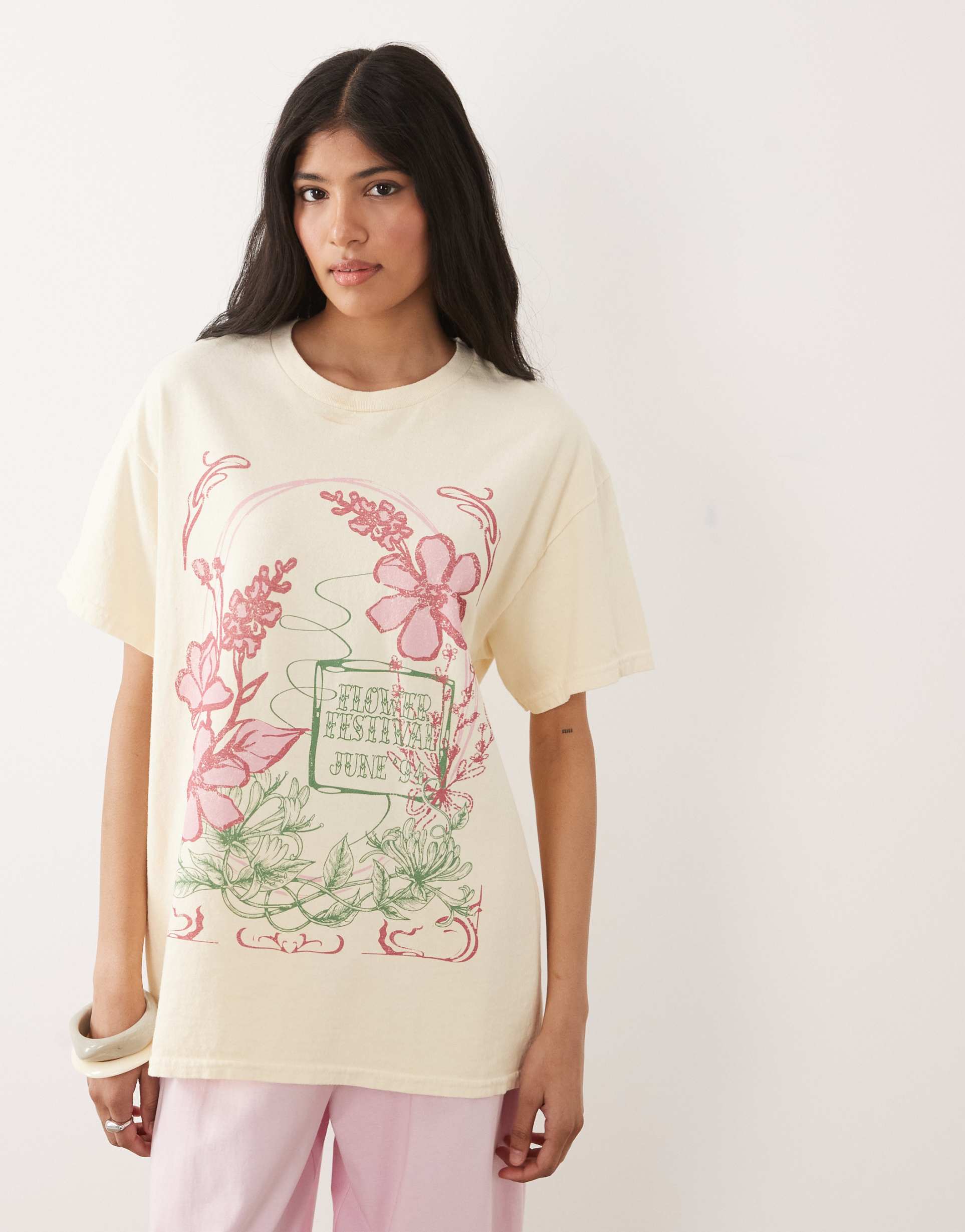 miss selfridge oversized t-shirt with flower festival graphic in buttermilk
