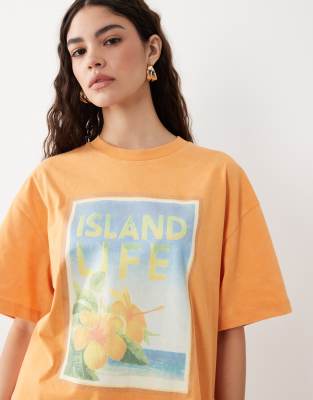 Miss Selfridge Oversized T-shirt With Island Print In Orange