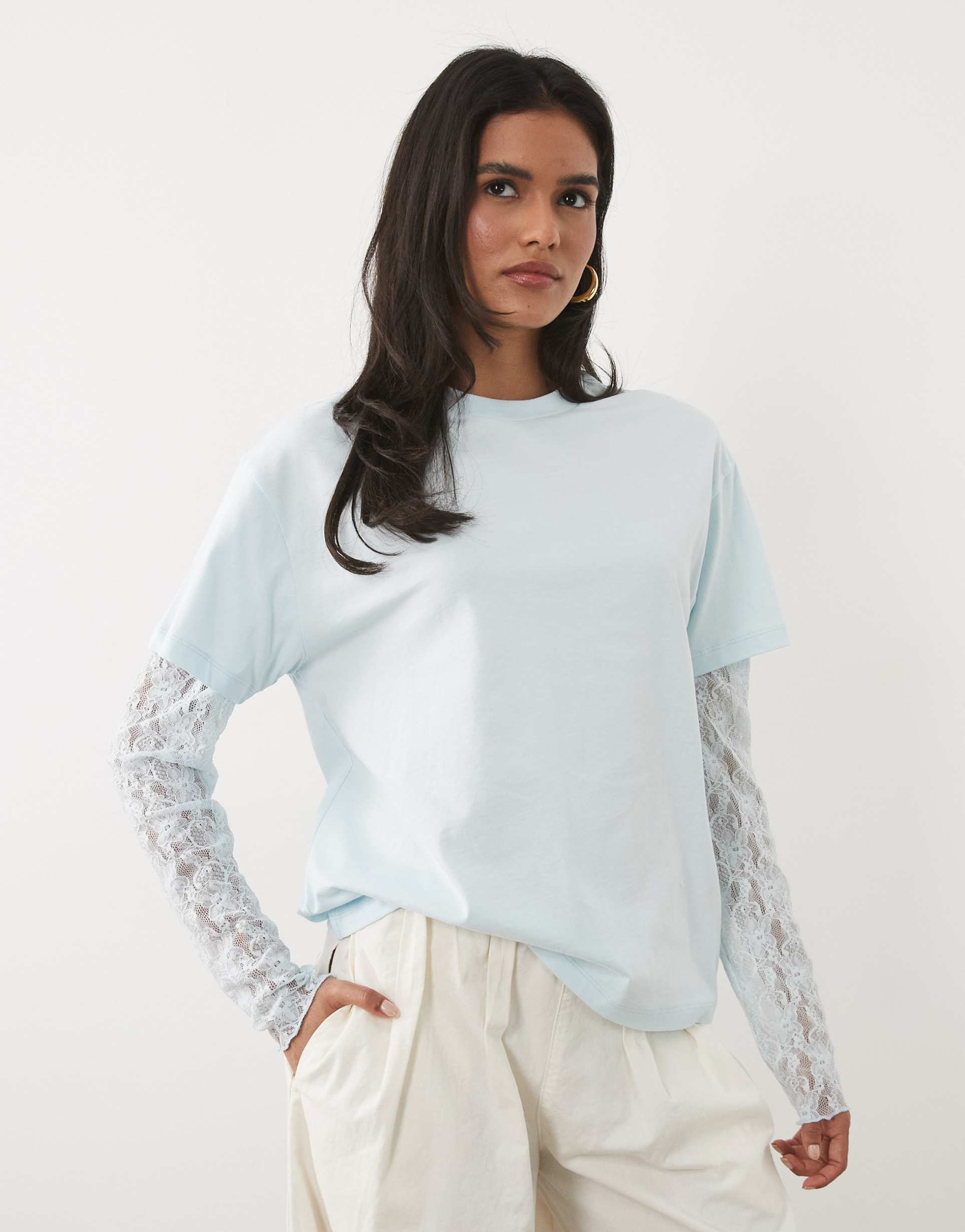 miss selfridge oversized t-shirt with lace sleeve in blue
