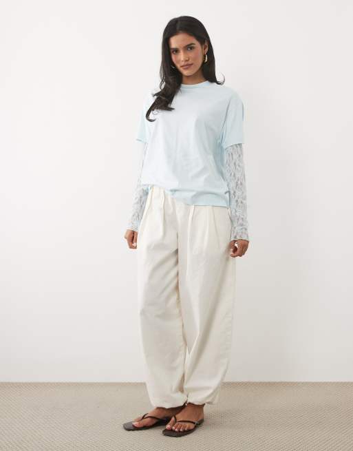 Miss Selfridge oversized t-shirt with lace sleeve in blue, 2 of 4