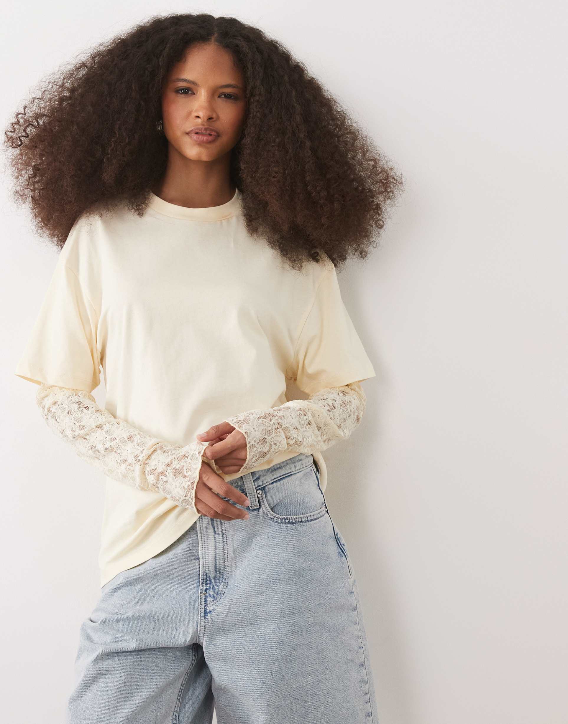 miss selfridge oversized t-shirt with lace sleeve in butter yellow