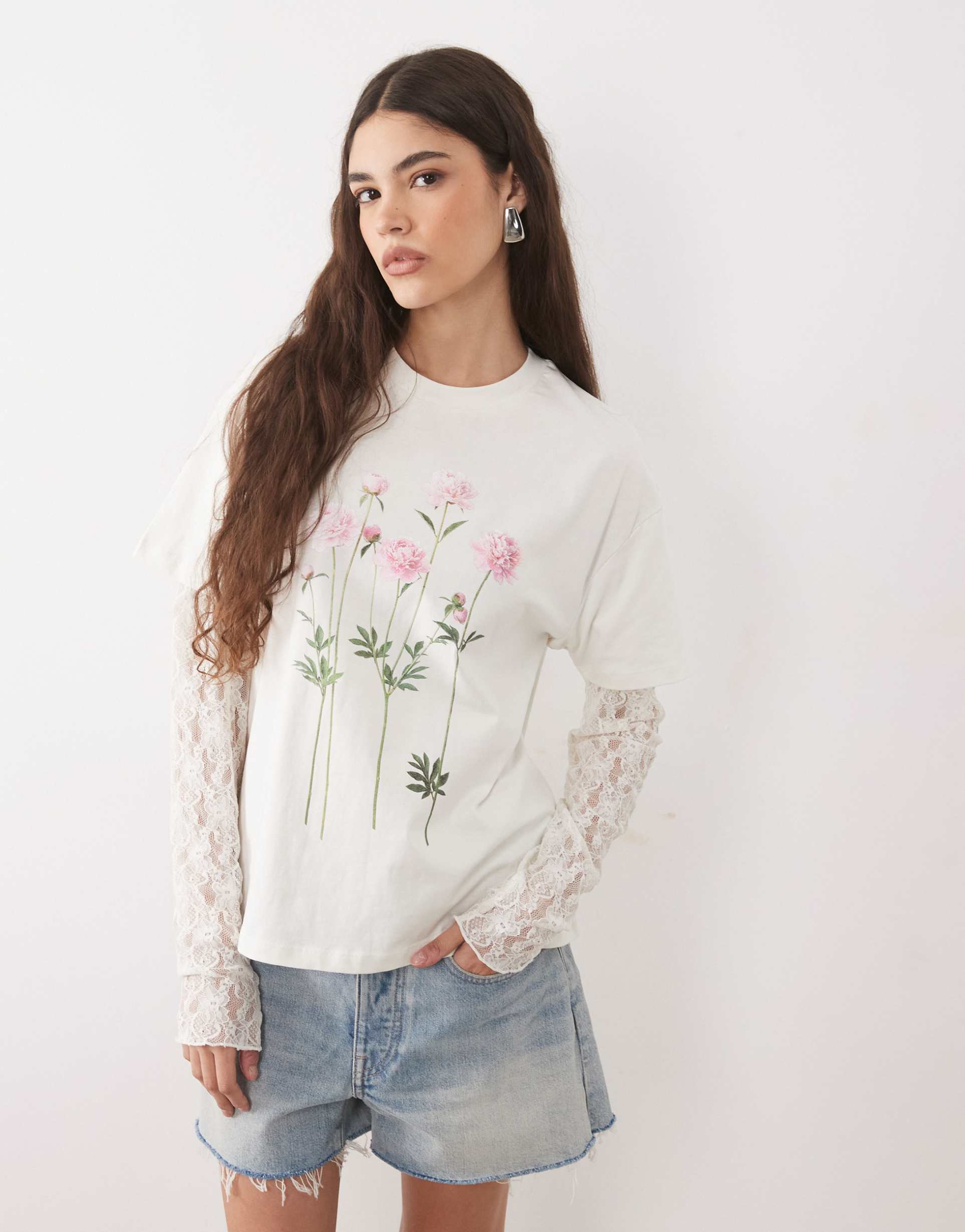 miss selfridge oversized t-shirt with lace sleeves and flower print in cream