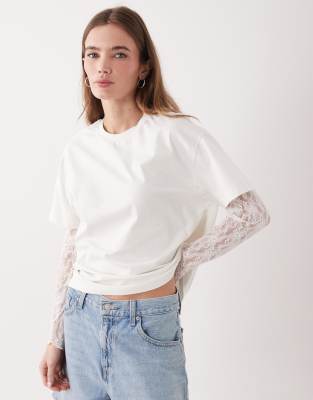 Miss Selfridge Oversized T-shirt With Lace Sleeves In Multi