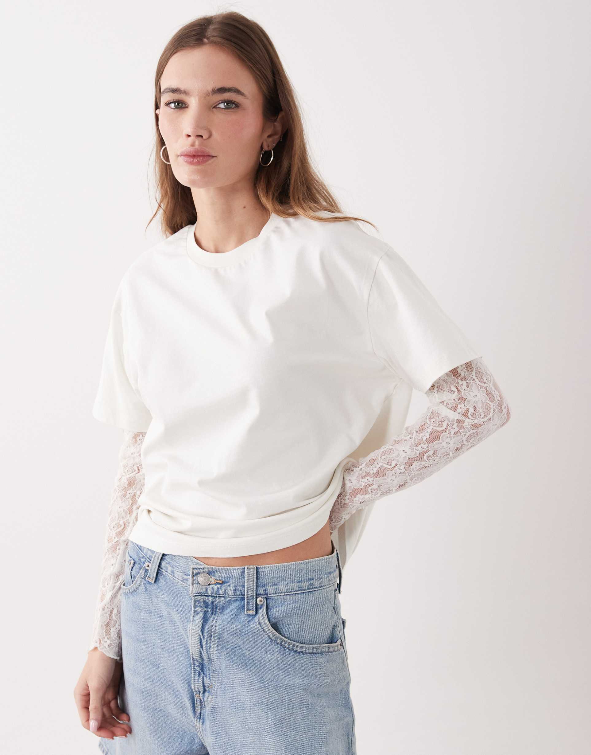 miss selfridge oversized t-shirt with lace sleeves in cream