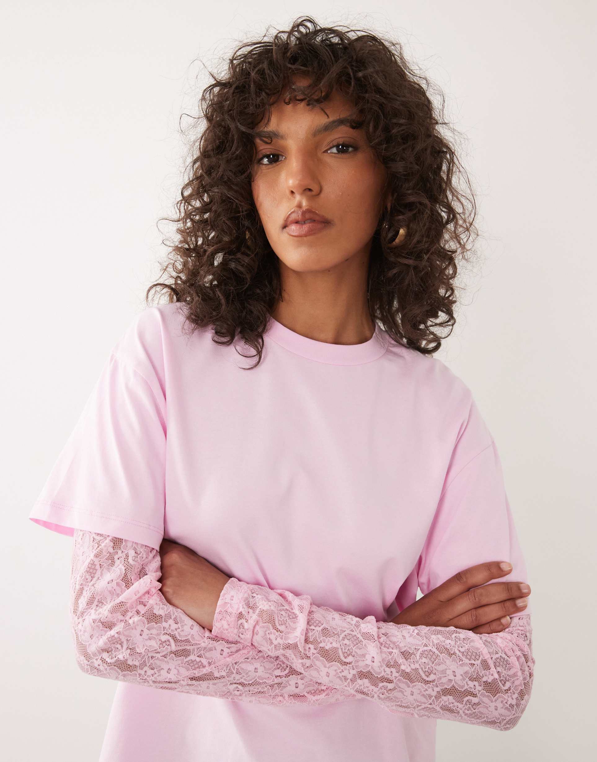 miss selfridge oversized t-shirt with lace sleeves in pink