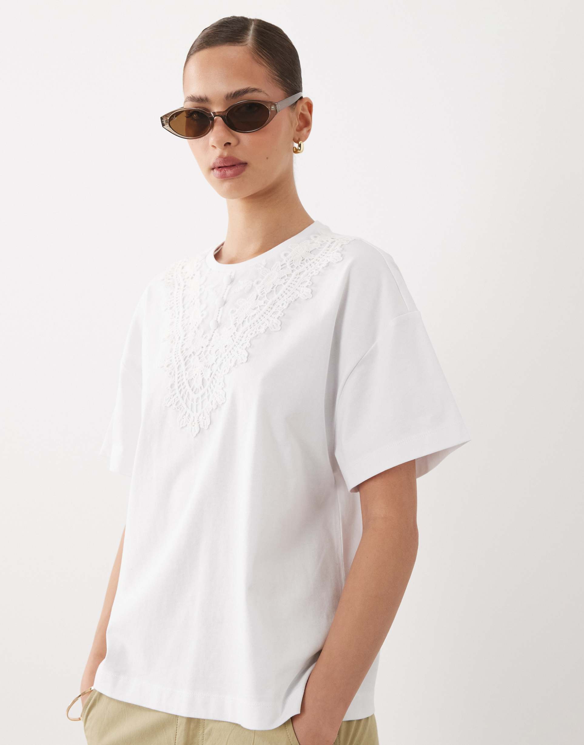 miss selfridge oversized t-shirt with lace trim in white