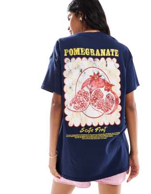 Miss Selfridge Oversized T-shirt With Pommegrante Graphic In Navy