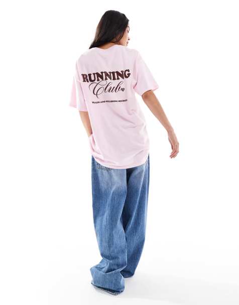 Miss Selfridge oversized t-shirt with running club graphic in pink - view 1