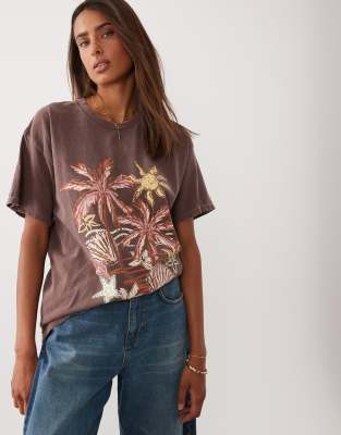 Miss Selfridge Oversized T-shirt With Seaside Print In Brown