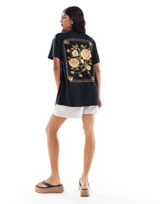 Miss Selfridge oversized tapestry floral t-shirt in black - view 1