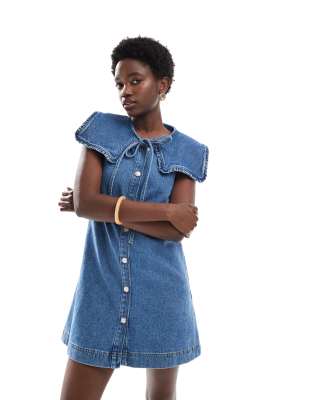 Miss Selfridge Oversized Tie Collar Sleeveless Denim Dress In Blue