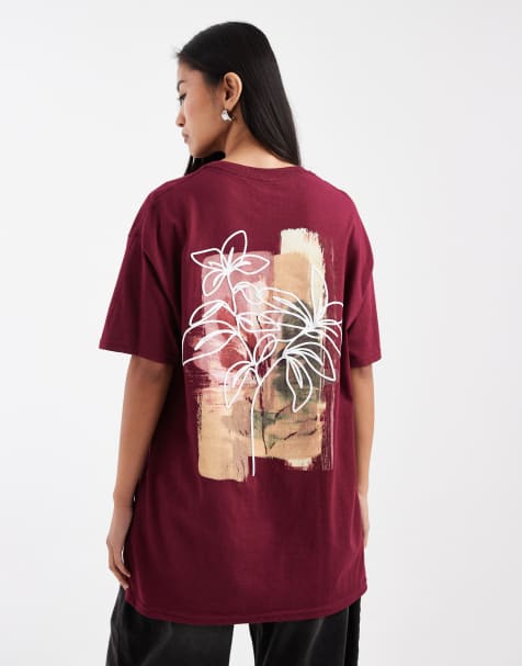 Miss Selfridge oversized tshirt with abstract floral in burgundy - view 1
