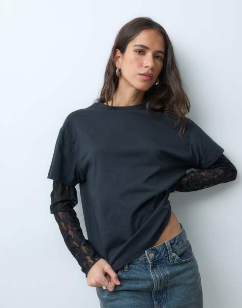 Miss Selfridge oversized tshirt with lace sleeve in black