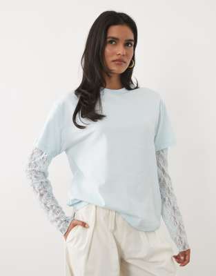 Miss Selfridge Oversized Tshirt With Lace Sleeve In Blue