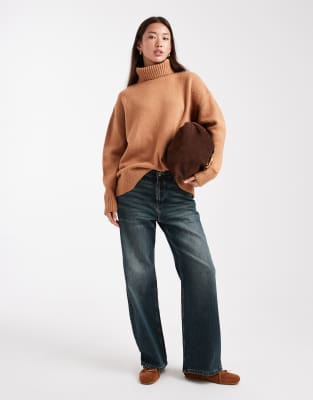 Miss Selfridge Oversized Turtle Neck Slit Hem Sweater In Brown