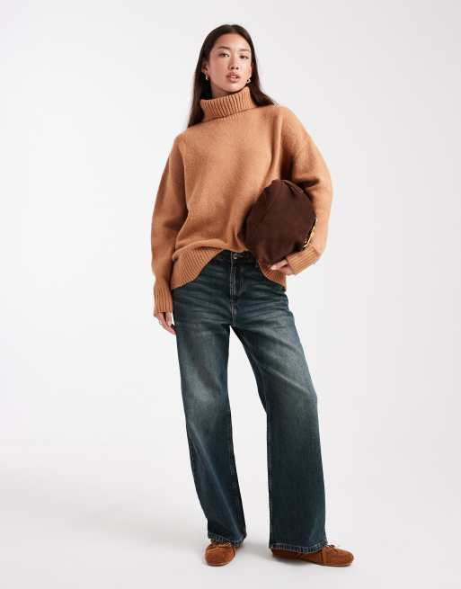 Miss Selfridge oversized turtle neck slit hem sweater in camel