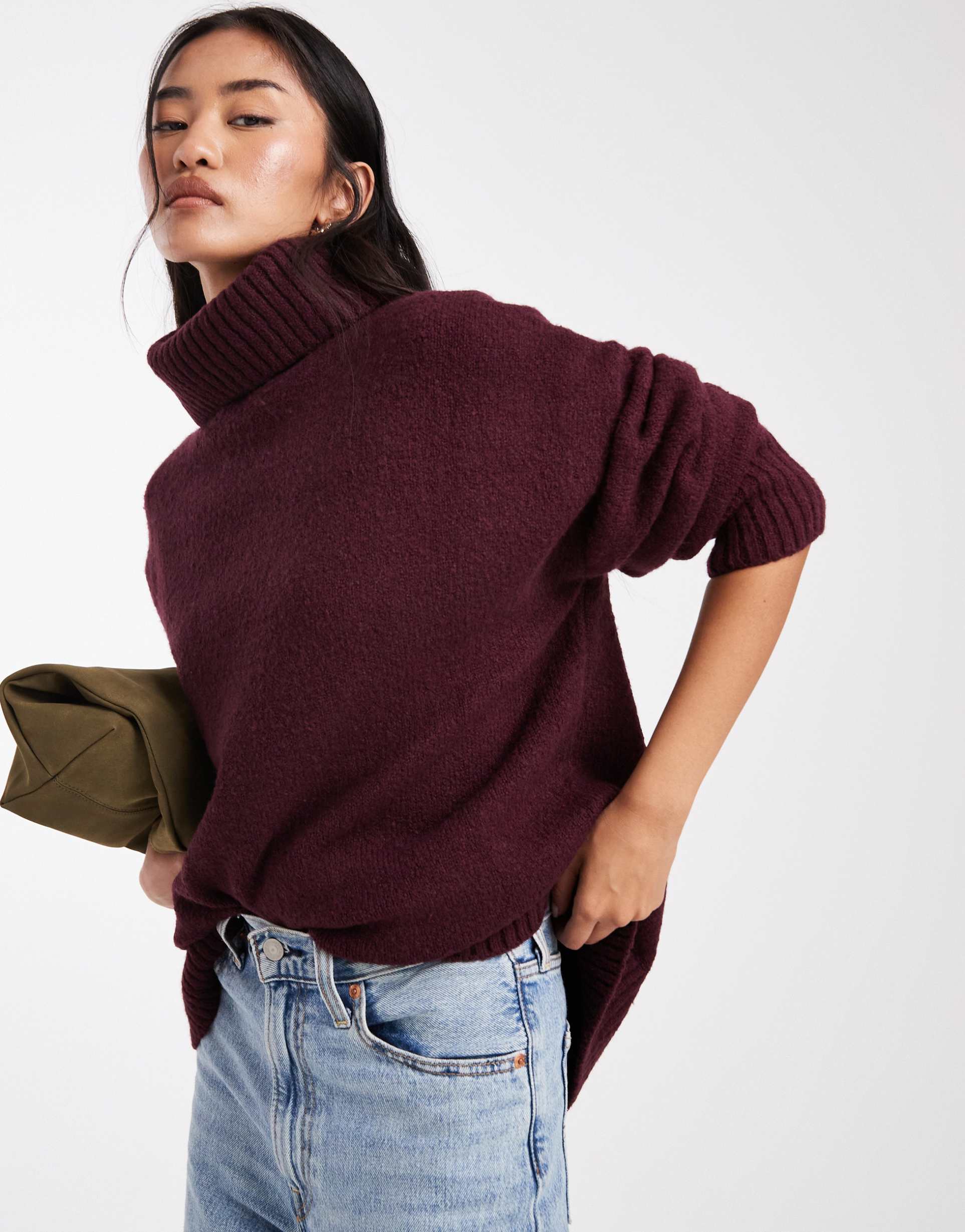 miss selfridge oversized turtle neck slit hem sweater in plum