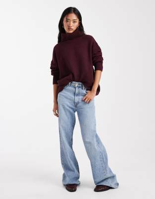 Miss Selfridge Oversized Turtle Neck Slit Hem Sweater In Burgundy