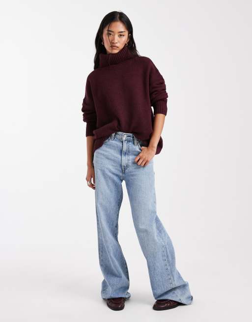 Miss Selfridge oversized turtle neck slit hem sweater in plum