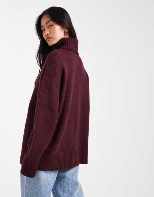 Miss Selfridge oversized turtle neck slit hem sweater in plum