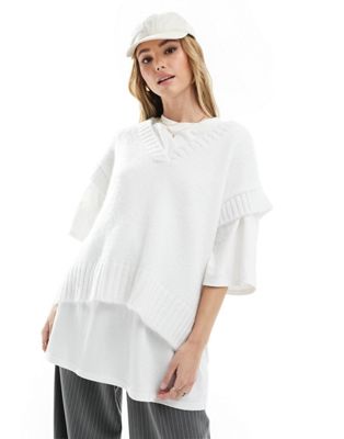 Miss Selfridge Oversized V Neck Knitted Vest In Cream-white
