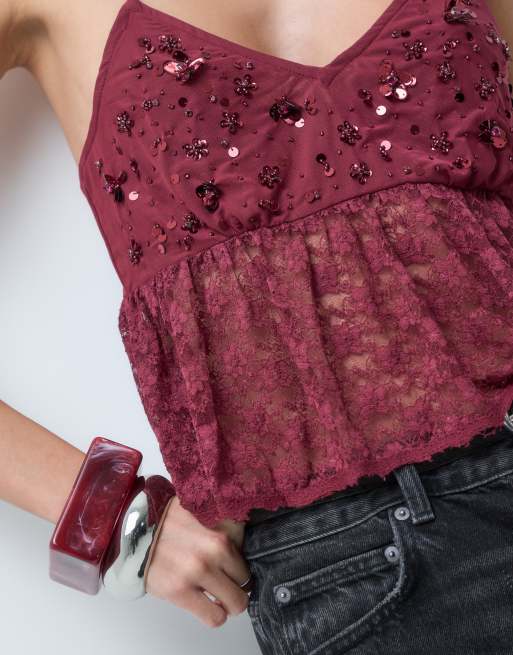 Miss Selfridge ozdobiony top z baskinką w kolorze figowym, 4 z 5
