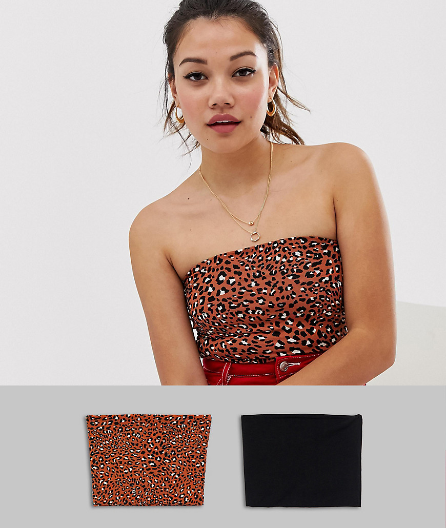 Miss Selfridge pack of 2 jersey bandeau tops in leopard and black-Multi