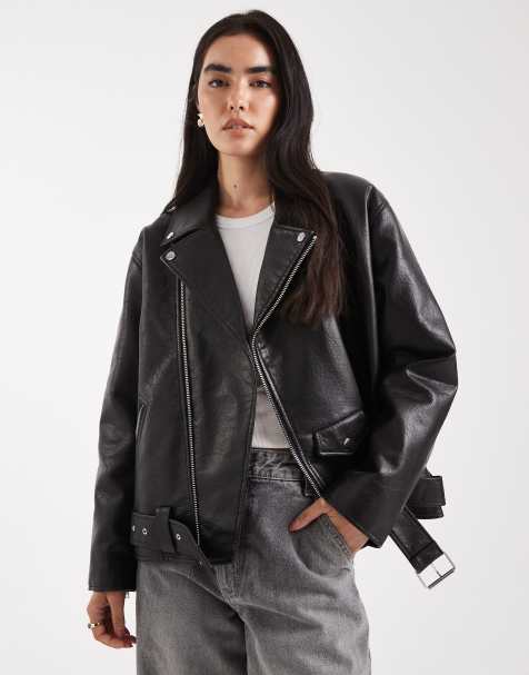 Miss Selfridge padded faux leather oversized biker jacket in black - view 1