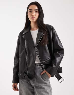Miss Selfridge padded faux leather oversized biker jacket in black
