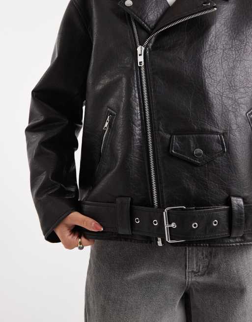 Miss Selfridge padded faux leather oversized biker jacket in black, 3 of 4