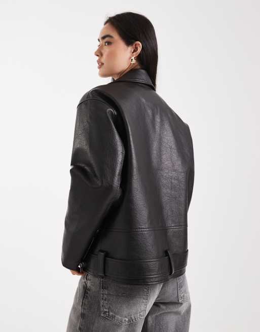 Miss Selfridge padded faux leather oversized biker jacket in black, 4 of 4