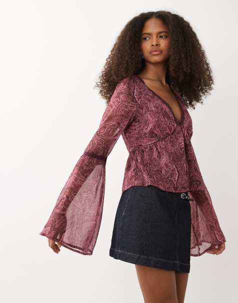 Miss Selfridge – Paisleymönstrad blus i chiffong med utställda ärmar - view 1